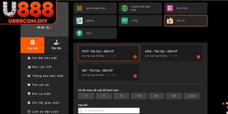 Cách nạp tiền U888 qua thẻ cào